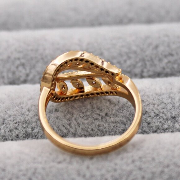 18K Yellow Gold Filled Swirl Carved Leaf Diamond Zircon Band Ring Gorgeous Gift - Picture 4 of 4